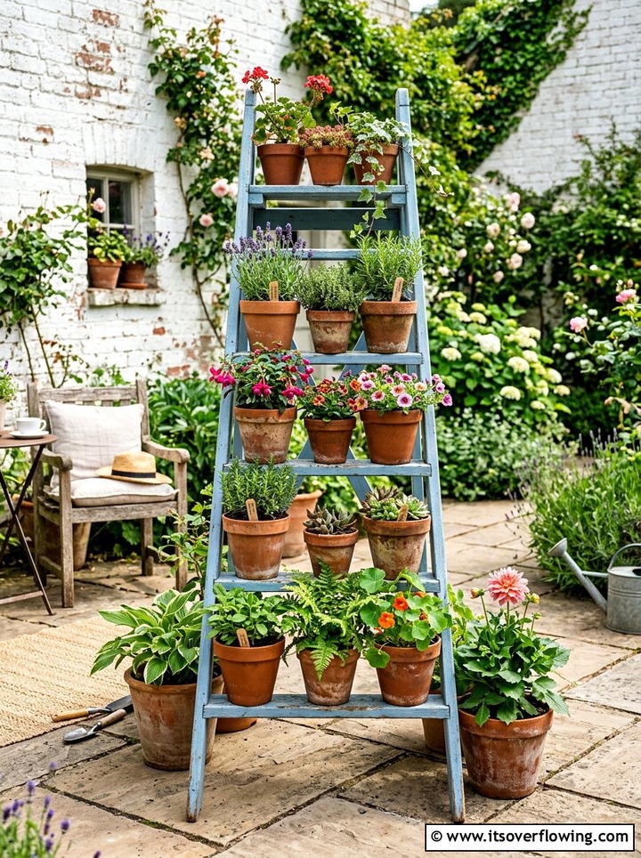 Old Ladder Plant Stand - 25 cheap garden ideas with composting