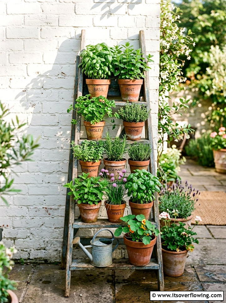 Old Ladder Shelf - 25 backyard decorating ideas with recycled materials
