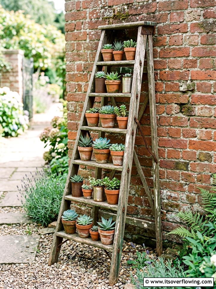 Old Ladder Stand - 25 backyard ideas with vintage planters