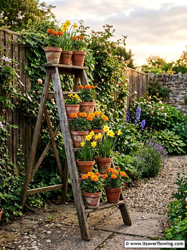 Old Ladder Terracotta Pots - 25 garden decor ideas with floral ladders