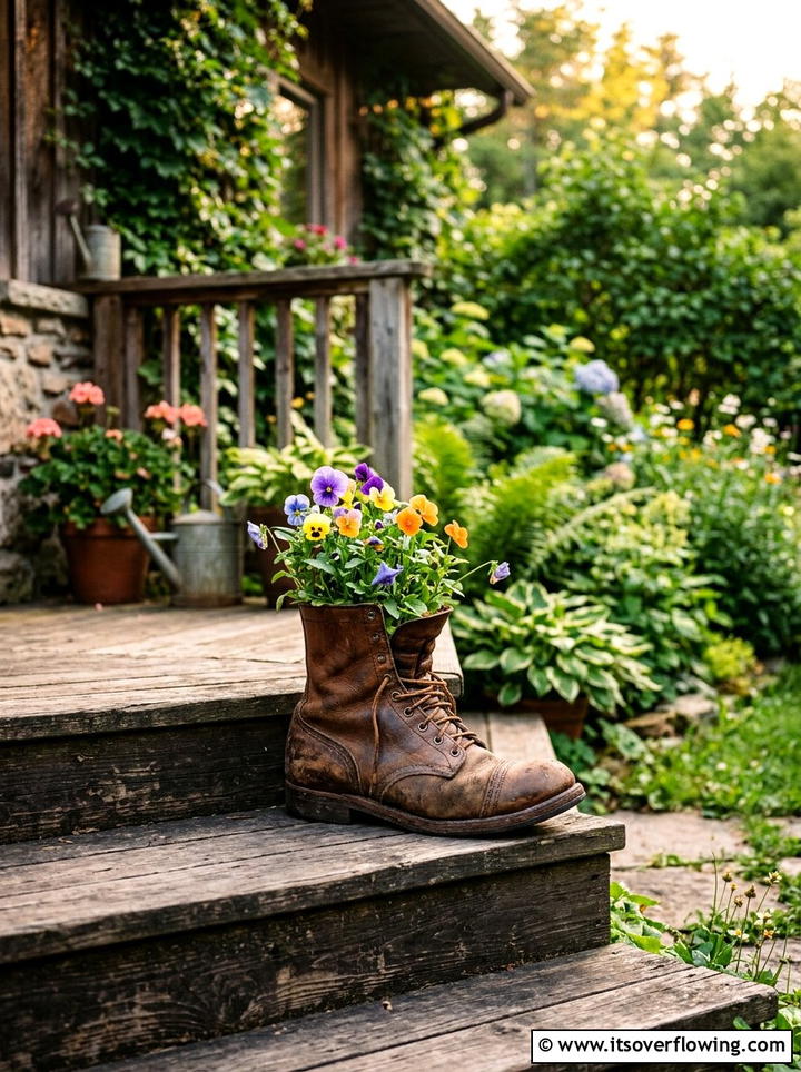 Old Leather Boot Planter - 25 recycled garden ideas with self watering planters