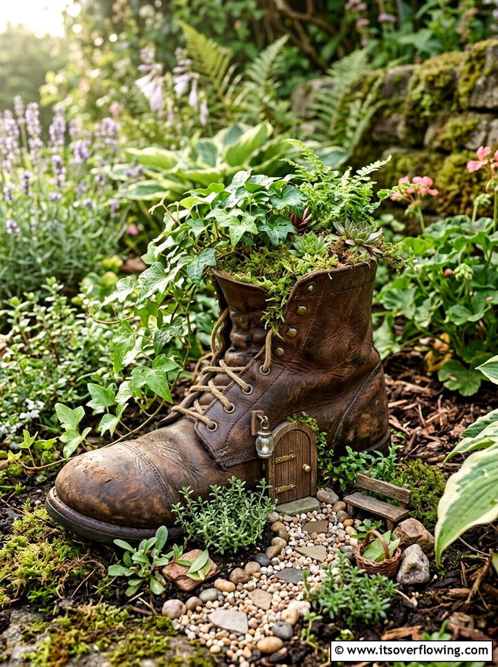 Old Leather Boot - 25 upcycled garden ideas with fairy gardens