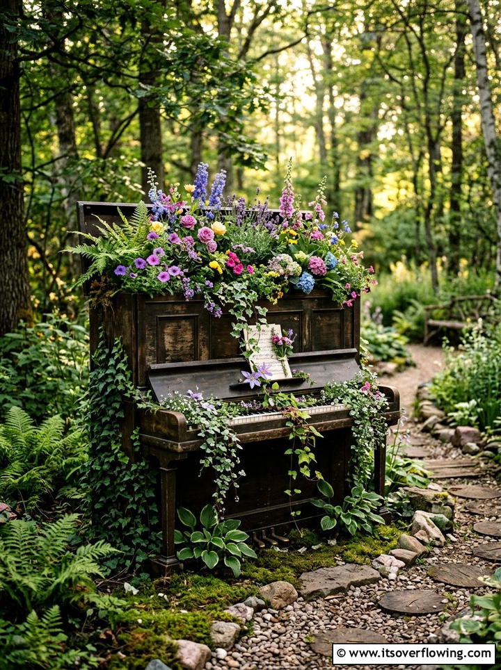 Old Piano Flower Bed - 25 upcycled garden ideas