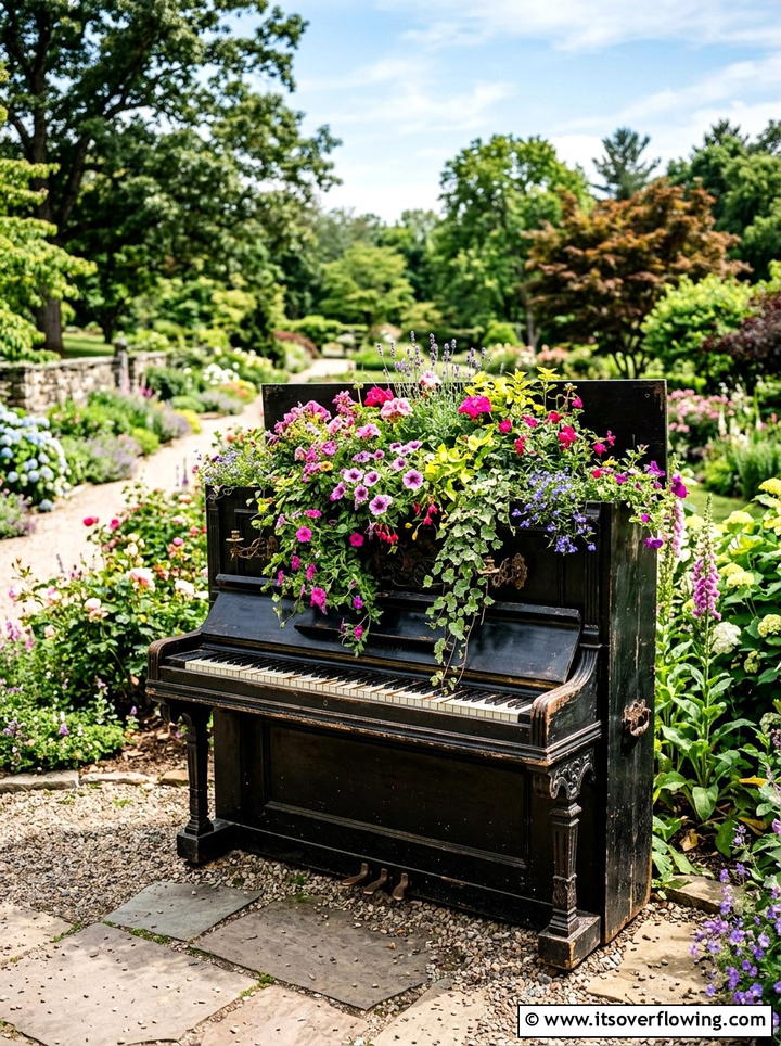 Old Piano Planter - 25 upcycled garden ideas for front yards