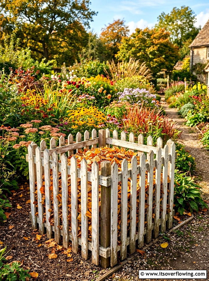 Old Picket Fence Bin - 25 recycled garden ideas with leaf mold bins