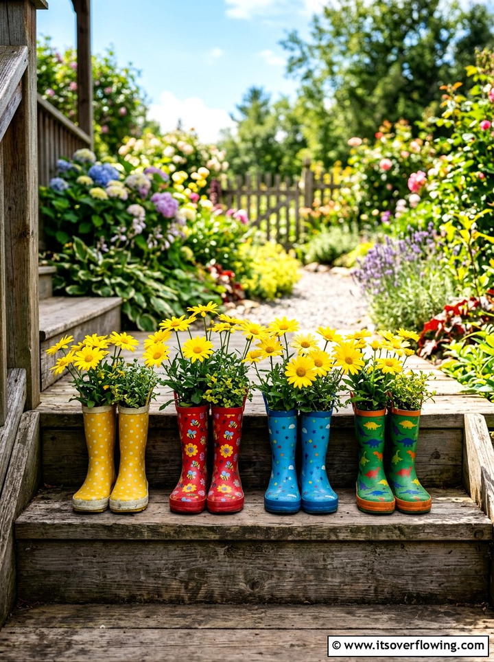 Old Rain Boot Flower Pots - 25 backyard ideas with upcycled decor