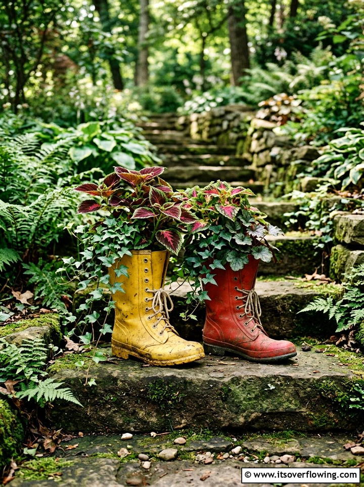 Old Rain Boot Planter - 25 upcycled garden ideas for shaded spaces
