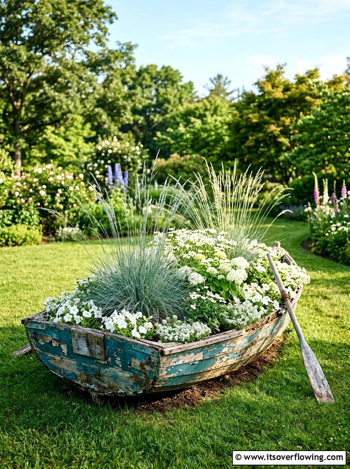 Old Rowboat Garden Bed - 25 upcycled garden ideas with coastal style