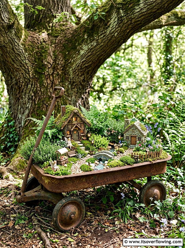 Old Rusty Wagon Fairy Garden - 25 upcycled garden ideas with old wagons