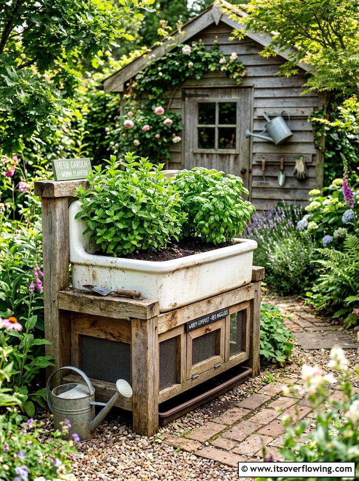 Old Sink Worm Planter - 25 recycled garden ideas with worm bins