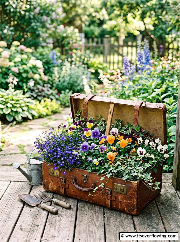 Old Suitcase Flower Bed - 25 reusing old things ideas for yard art