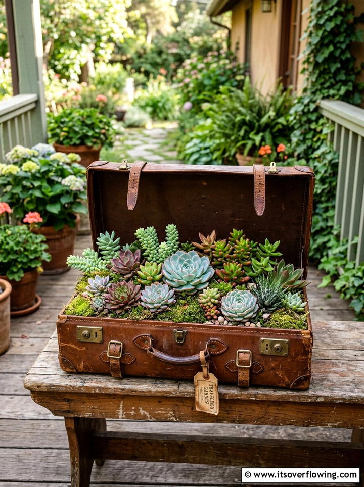 Old Suitcase Planter - 25 garden decor ideas with vintage pieces