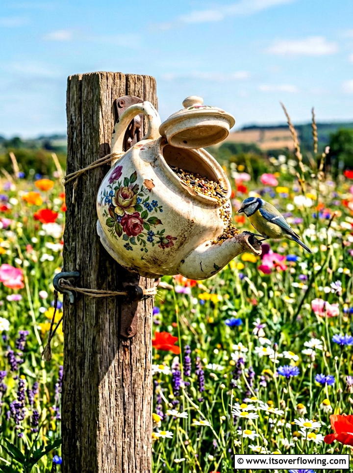 Old Teapot Bird Feeder - 25 upcycled garden ideas with bird feeders
