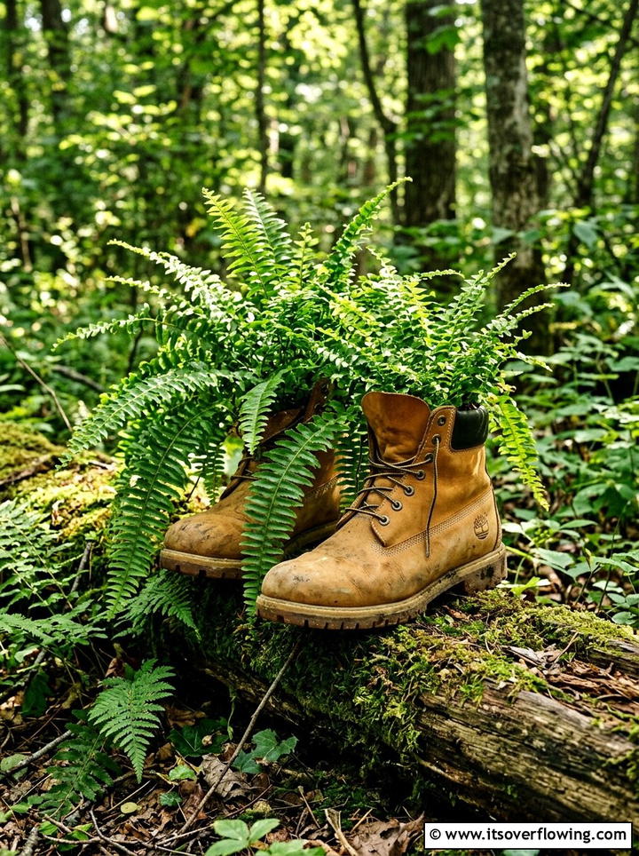 Old Timberland Boot Fern Pot - 25 upcycled garden ideas with old boots
