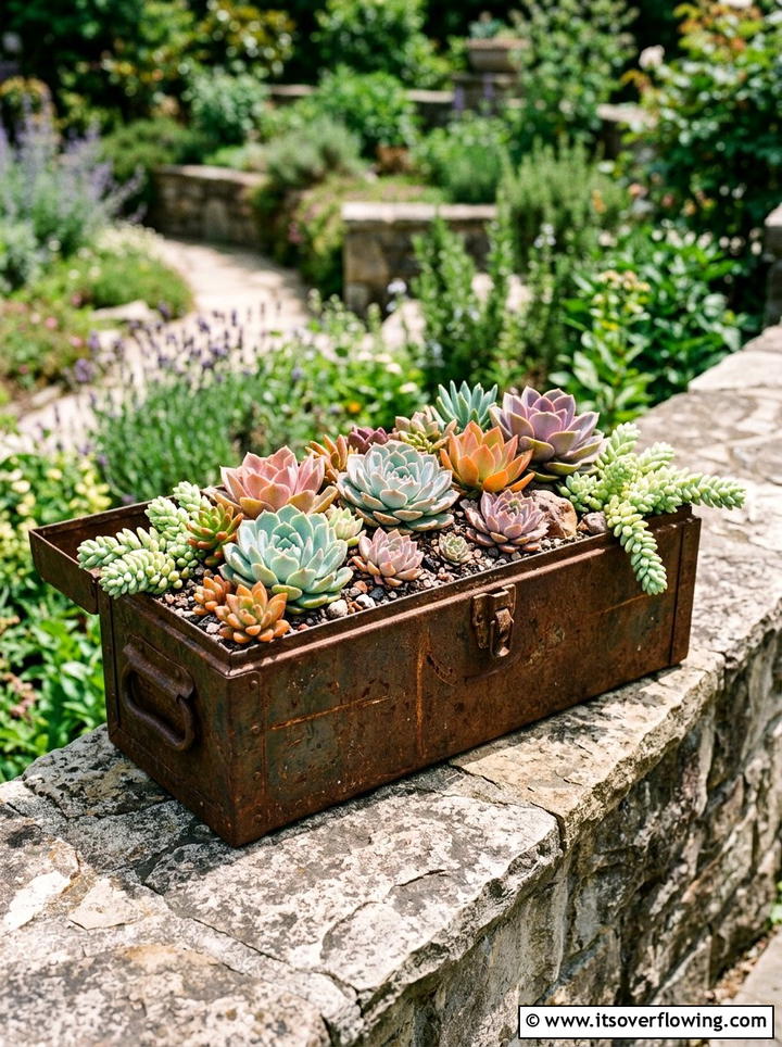 Old Toolbox Succulent - 25 backyard ideas with vintage planters