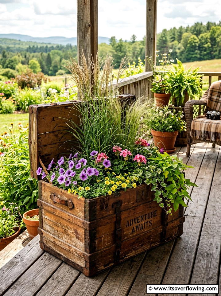 Old Trunk Planter - 25 upcycled garden ideas for porches