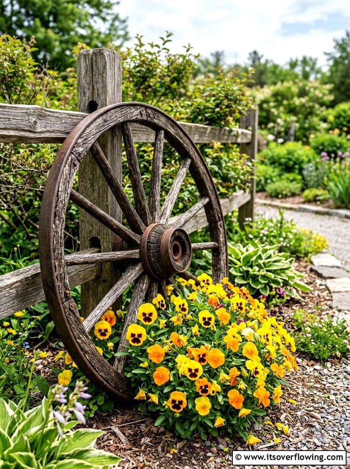 Old Wagon Wheel - 25 garden ideas for farmhouse homes