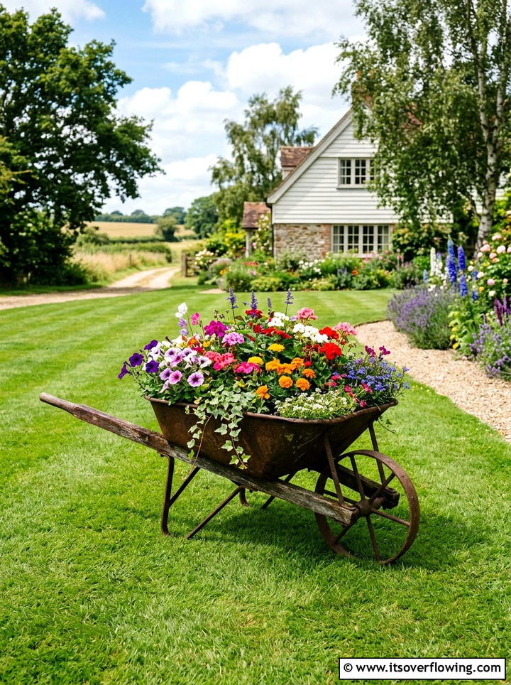 Old Wheelbarrow Flower Bed - 25 recycled garden ideas for front yard decor