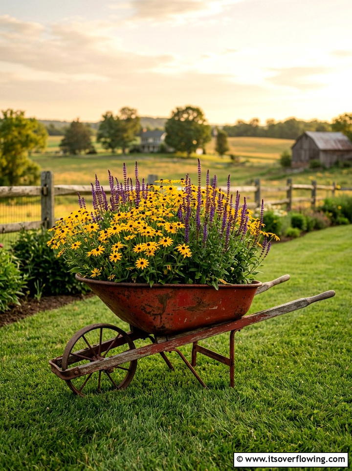 Old Wheelbarrow Flower Display - 25 upcycled garden ideas for front yards