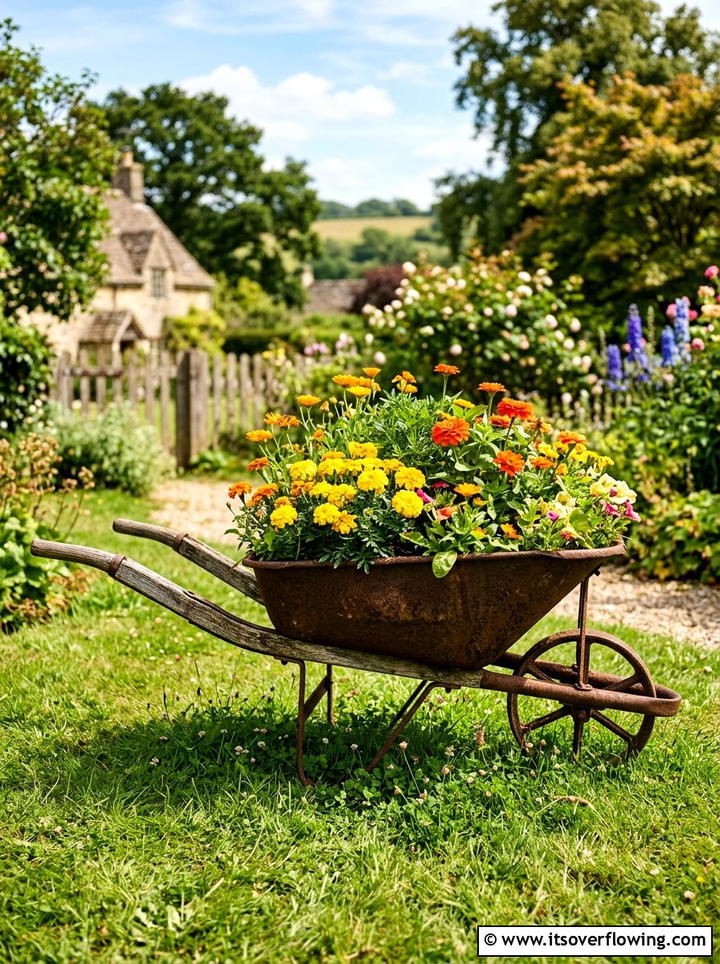 Old Wheelbarrow Flower Display - 25 garden ideas with old furniture