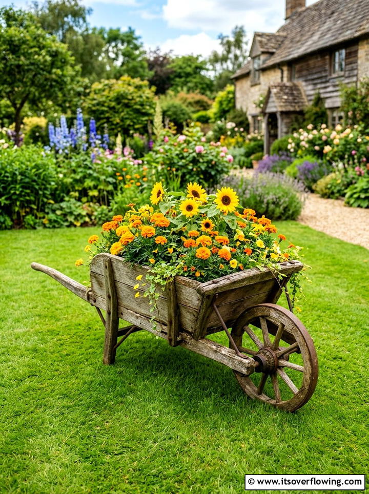 Old Wheelbarrow Planter - 25 garden decor ideas with vintage pieces