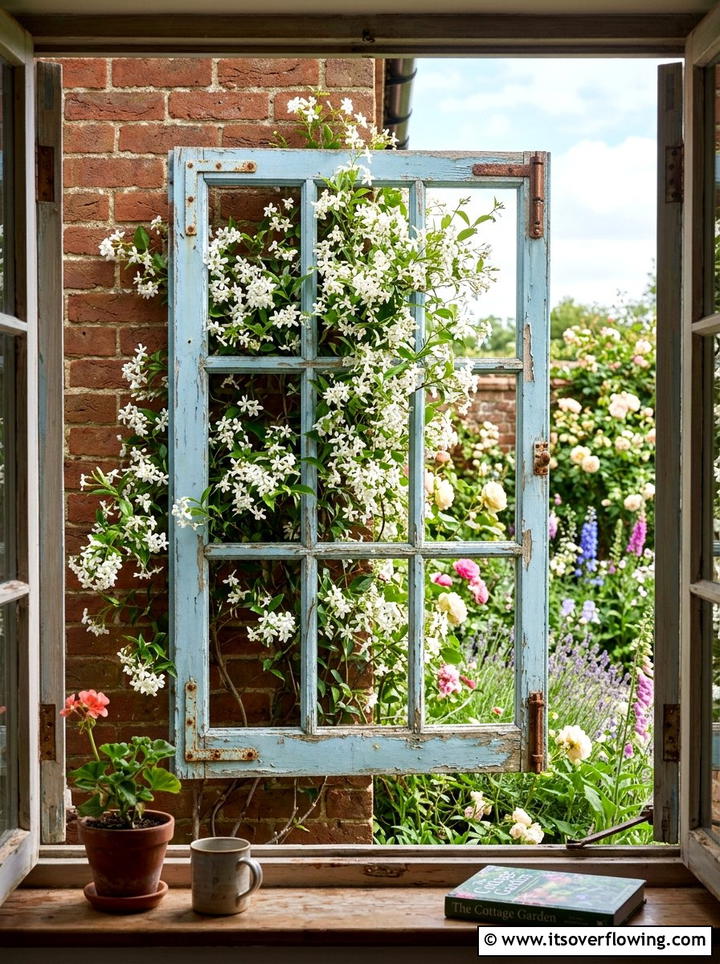 Old Window Frame Trellis - 25 upcycled garden ideas with coastal style