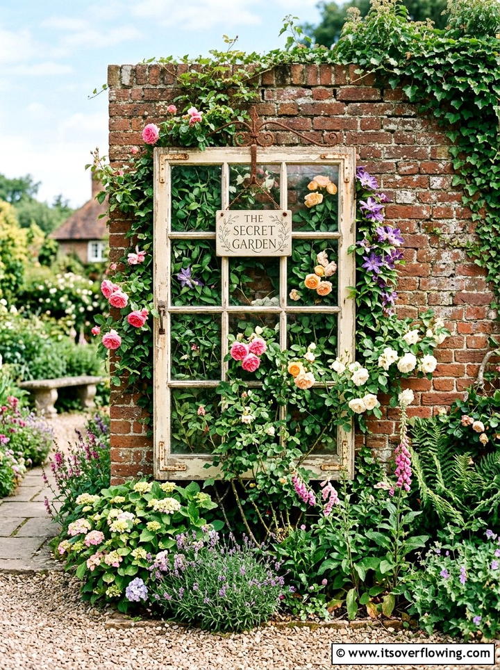 Old Window Trellis - 25 upcycled garden ideas with garden signs