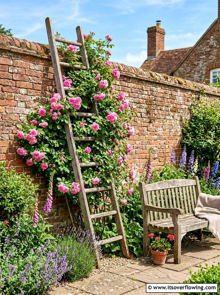 Old Wood Ladder Wall - 25 upcycled garden ideas with trellis walls