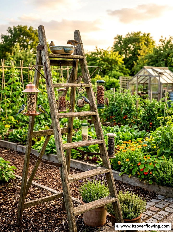 Old Wooden Ladder Bird Feeding Station - 25 upcycled garden ideas with bird feeders
