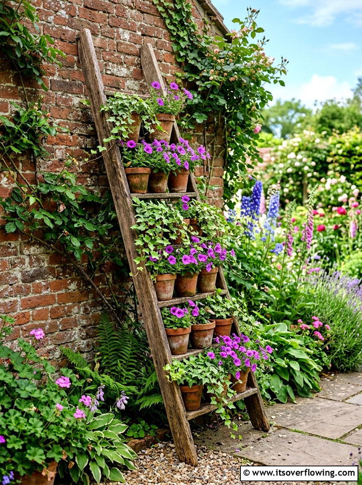 Old Wooden Ladder Planter - 25 upcycled garden ideas with cottage style