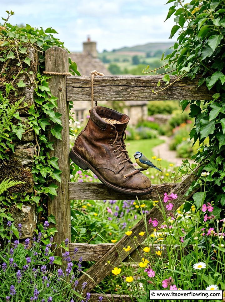 Old Work Boot Bird Feeder - 25 reusing old things ideas for bird feeders
