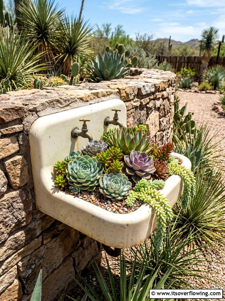 Old bathroom sink succulent display - 25 upcycled garden ideas with old sinks