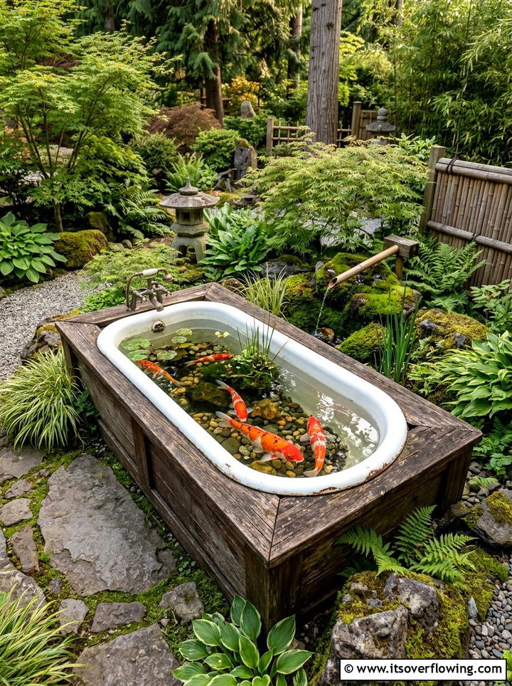 Old bathtub koi pond - 25 upcycled garden ideas with old tubs