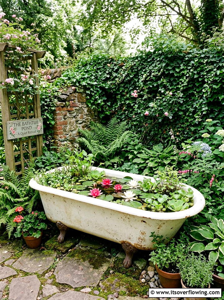 Old bathtub water garden - 25 recycled garden ideas with rainwater collection