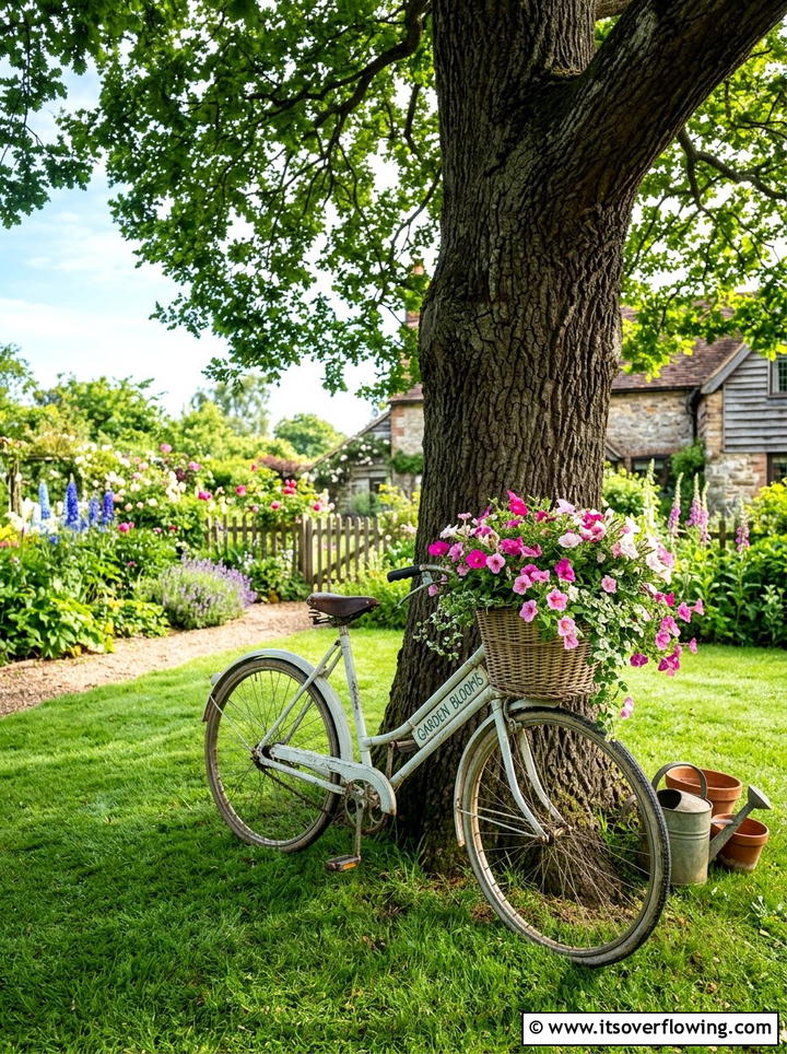 Old bicycle garden decor - 25 upcycled garden ideas with farmhouse style