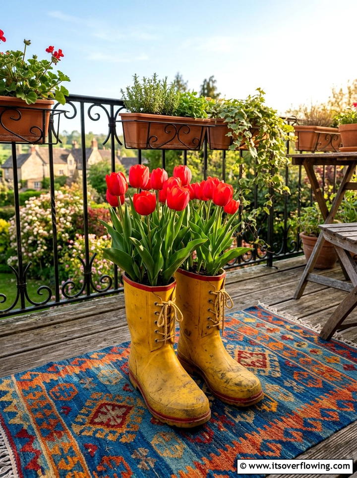 Old boot flower planter - 25 upcycled garden ideas for balconies