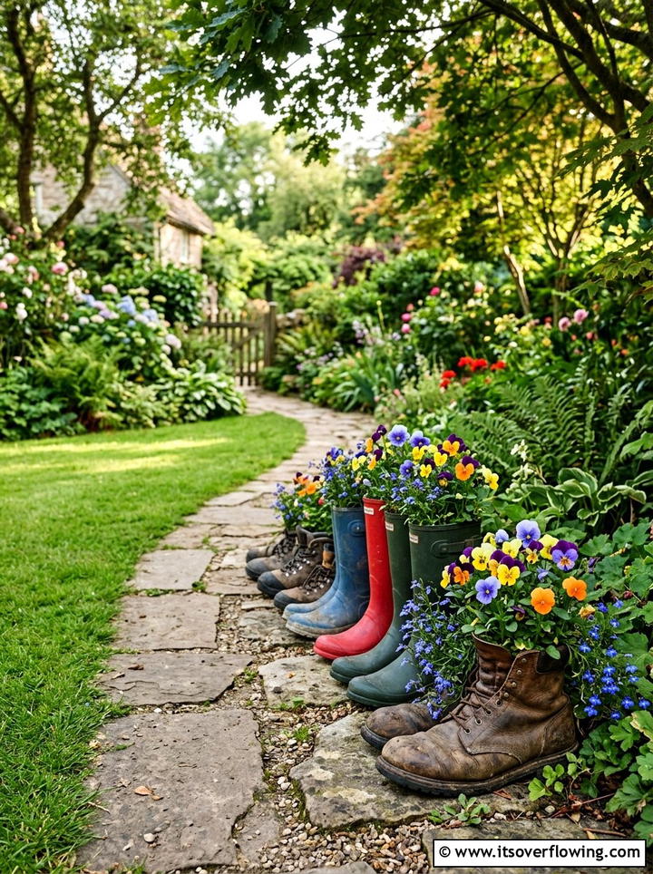 Old boot flower pot - 25 cheap garden ideas with repurposed containers