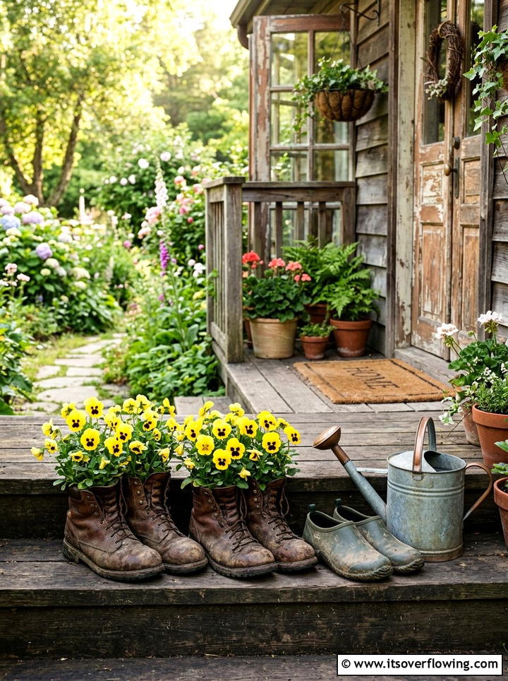 Old boot flower pot - 25 upcycled garden ideas with farmhouse style