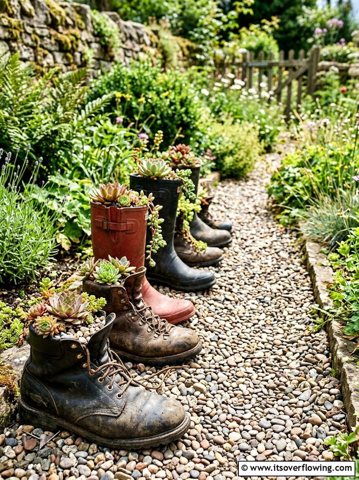 Old boot succulent garden - 25 upcycled garden ideas for narrow spaces