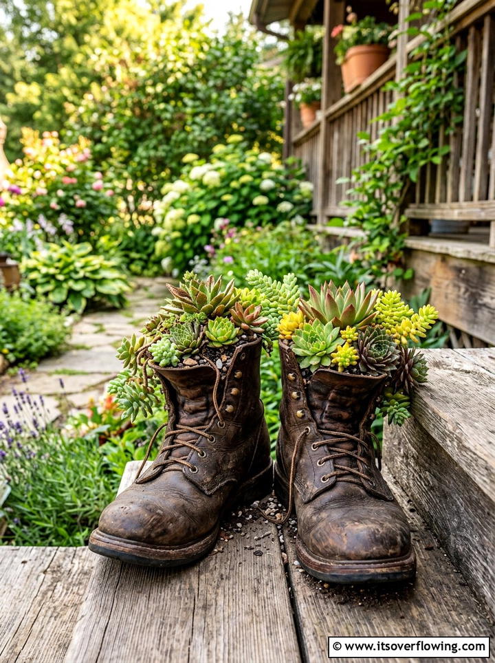 Old boots succulent planter - 25 recycled garden ideas with rainwater collection