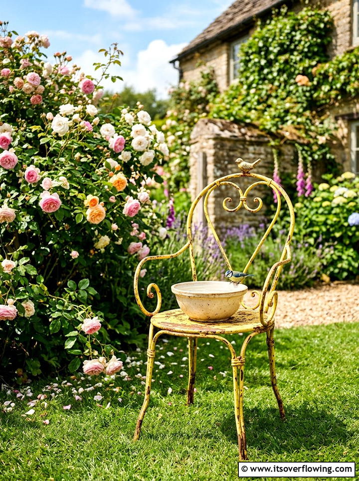 Old chair bird bath - 25 upcycled garden ideas with bird baths