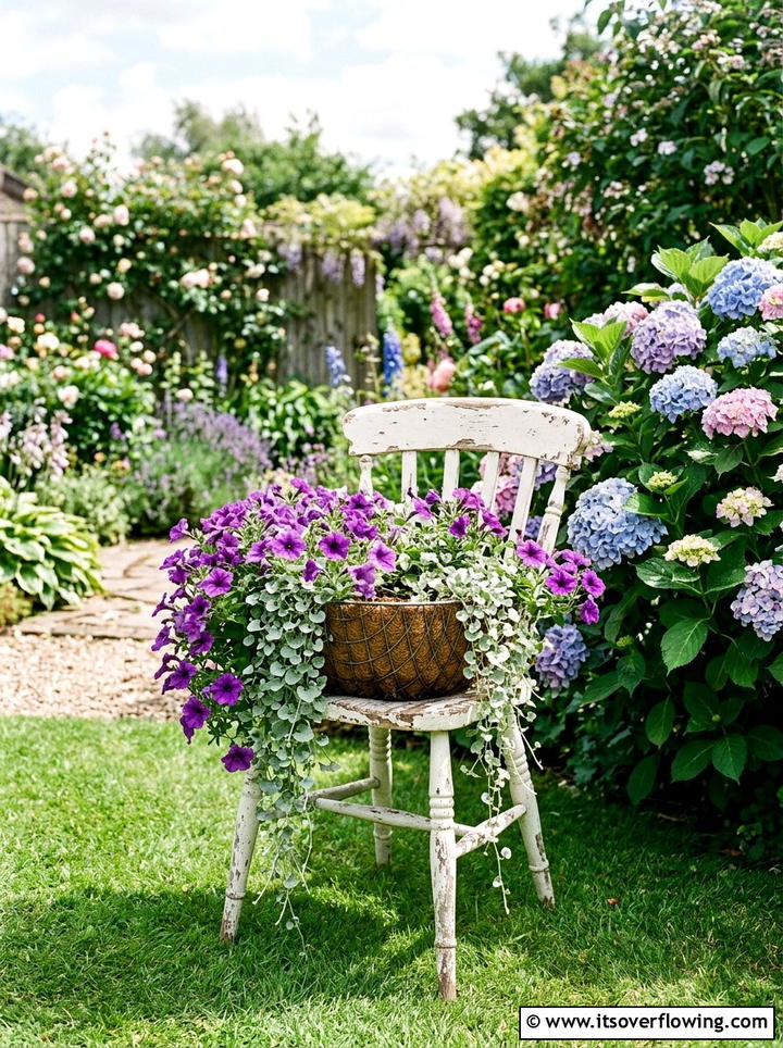 Old chair flowerpot - 25 cheap garden ideas with thrifted decor