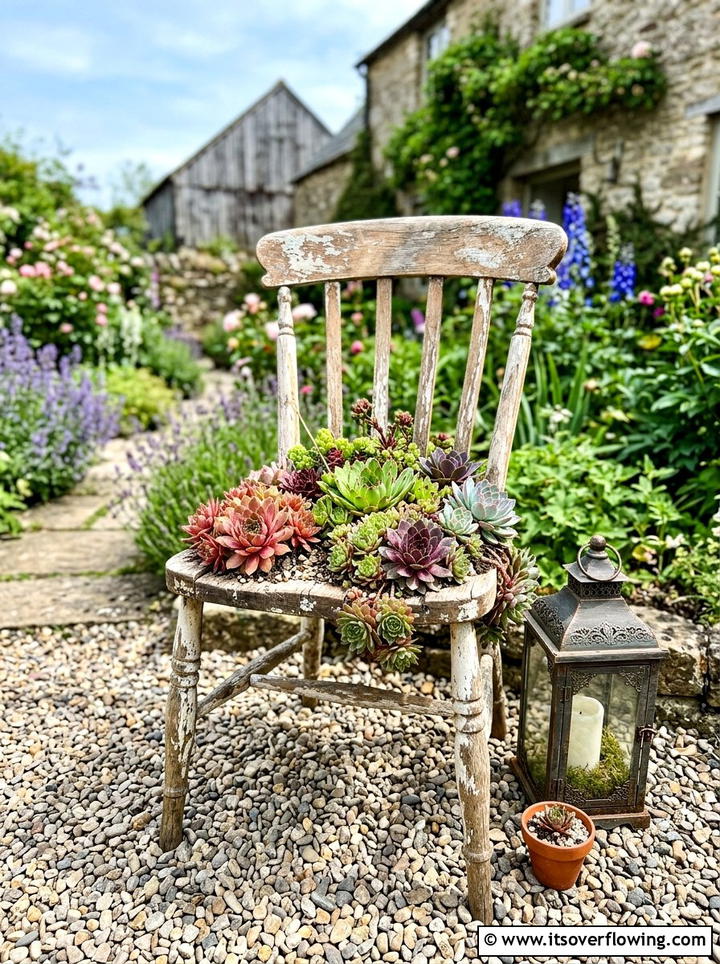 Old chair succulent garden - 25 upcycled garden ideas with farmhouse style