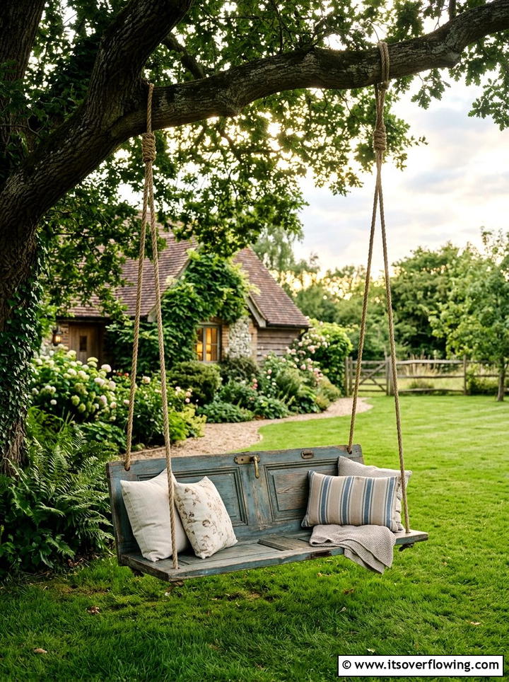 Old door swing in backyard - 25 garden decor ideas with old doors