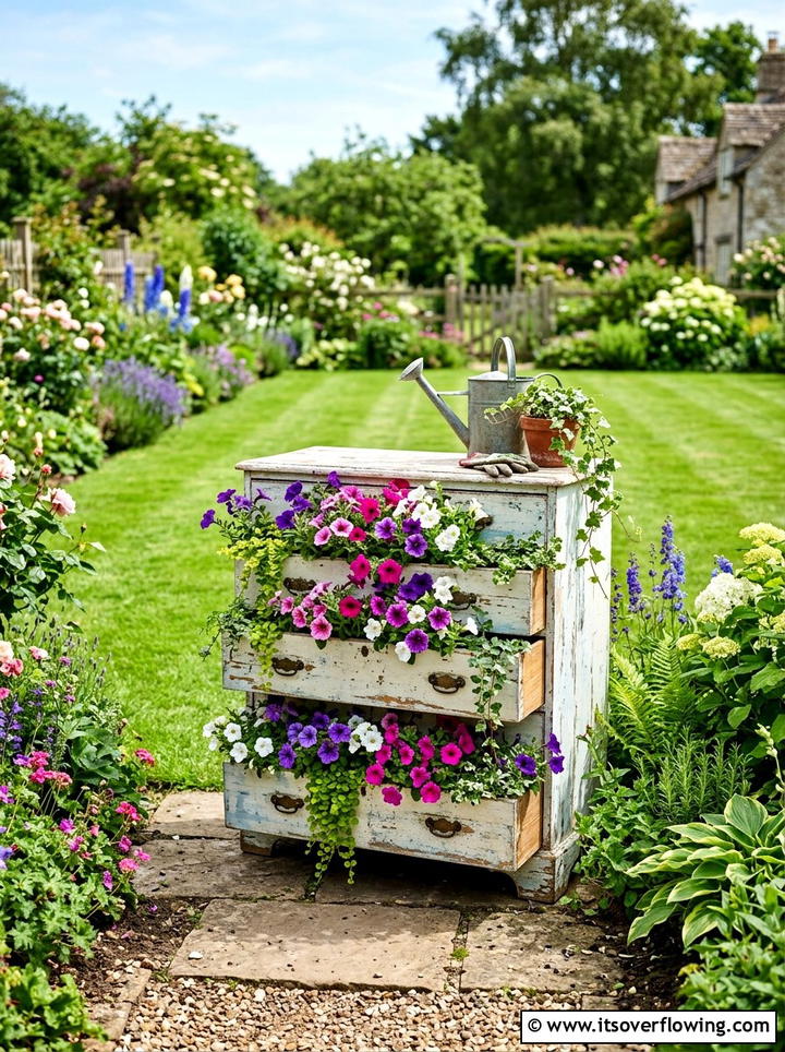 Old dresser garden storage - 25 upcycled garden ideas with watering stations