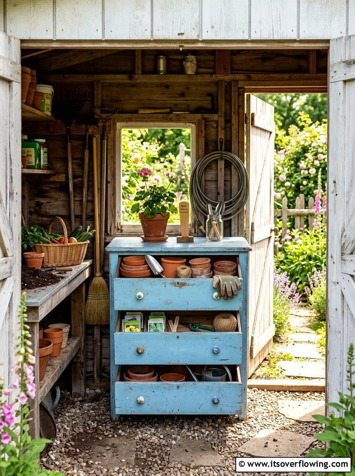Old dresser garden storage - 25 upcycled garden ideas with farmhouse style