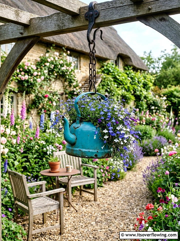 Old kettle hanging planter - 25 upcycled garden ideas with hanging planters