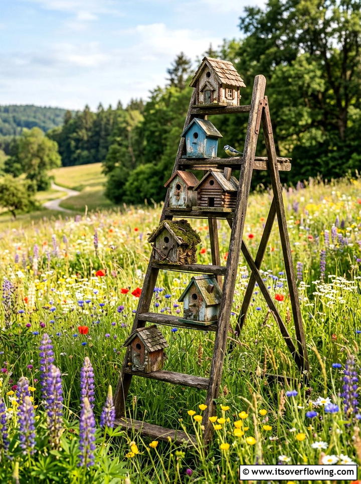 Old ladder birdhouse display - 25 upcycled garden ideas with ladder shelves
