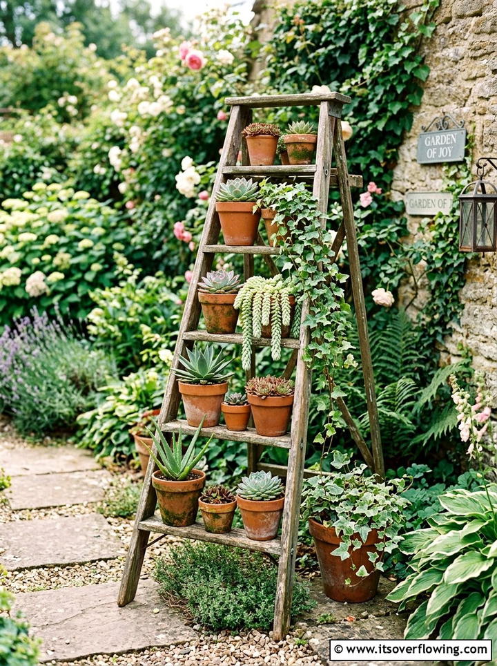 Old ladder plant stand - 25 upcycled garden ideas with vertical gardens