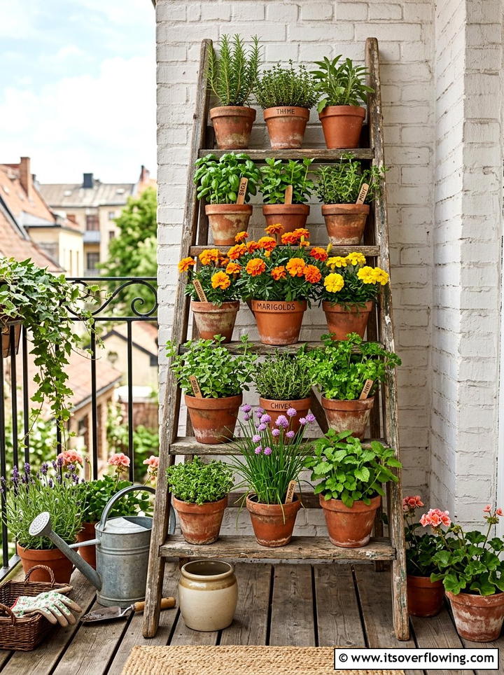 Old ladder shelf - 25 garden decor ideas with floral displays